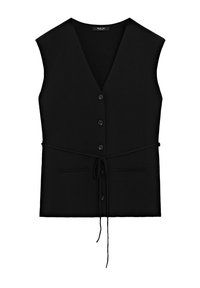 Schwarzes ärmelloses Oberteil mit V-Ausschnitt, vorderer Knopfleiste, zwei Fronttaschen und einem dünnen Gürtel zum Binden in der Taille.