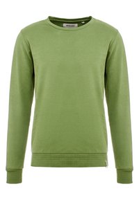 Zelená mikina s dlouhým rukávem vyrobená z měkké látky, s kulatým výstřihem, žebrovanými manžetami a malým zipem na lemě.