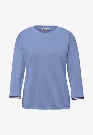 Lichtblauw shirt met lange mouwen, een ronde hals, elastische zoom en zwart-wit gestreepte manchetten, met label Street One.