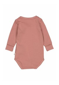 Dětský bodysuit s dlouhým rukávem v jemně růžové látce, s kulatým výstřihem, zapínáním na patentky na spodní části a ribbovanými manžetami pro pohodlí.