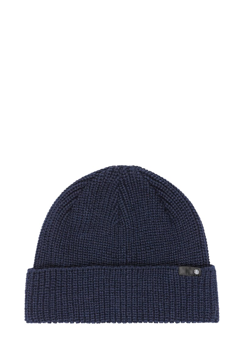 Cappello beanie navy lavorato a maglia con un motivo testurizzato, caratterizzato da un risvolto e una piccola etichetta in pelle marchiata sul lato.