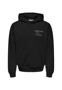 Black hoodie with a front pocket, featuring bold white text reading "GANGSTERS BUY FLOWERS" on the left side. Smooth fabric texture.