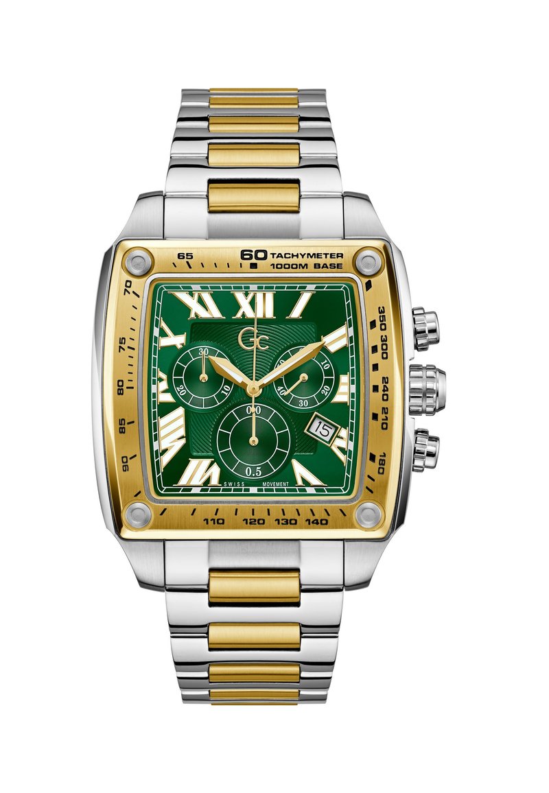 Orologio rettangolare in acciaio inox con lunetta dorata e quadrante verde. Presenta numeri romani, sottocronografi, indicazione della data e un bracciale metallico bicolore.
