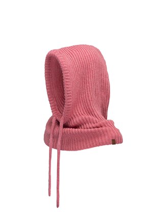 Sciarpa a cappuccio lavorata a maglia in rosa chiaro, con una texture a coste, lacci anteriori e un piccolo tag con logo sul lato.