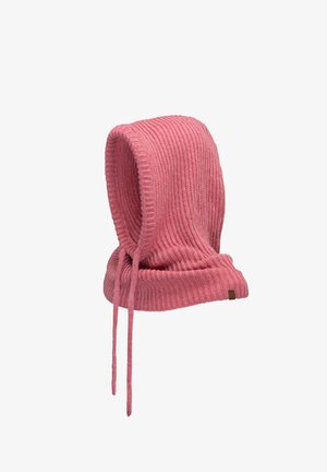 Világos rózsaszín kötött kapucnis sál, bordázott textúrával, elöl húzózsinórokkal és egy kis logó címkével az oldalon.