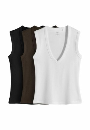 Trois hauts sans manches en maille côtelée avec encolure en V en noir, marron foncé et blanc, empilés côte à côte sur un fond blanc.