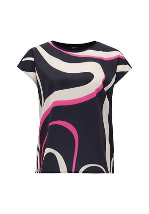 Korte mouwtop van een donkerblauwe stof met abstracte roze en crèmekleurige swirls, met een ontspannen pasvorm en ronde hals.