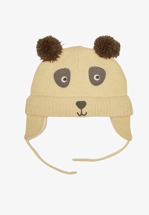 Beige gestrickte Mütze mit Panda-Design, ausgestattet mit grauen Stoffaugen und einer schwarzen Nase, verziert mit zwei braunen Pompons und seitlichen Klappen.