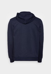 Felpa con cappuccio blu navy con coulisse, polsini e orlo a coste. Realizzata in tessuto strutturato, presenta un design semplice e pulito senza decorazioni.