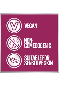 Icone vegane, non comedogeniche e adatte per pelli sensibili, visualizzate su uno sfondo rosa intenso con contorni circolari bianchi.