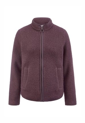 Giubbotto in pile viola con colletto alto, chiusura frontale con zip e due tasche laterali. Texture morbida e design casual per il comfort.