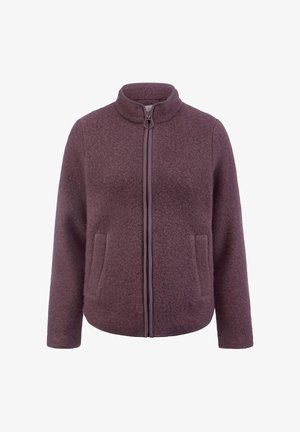 Lila Fleecejacke mit hohem Kragen, Reißverschluss vorne und zwei Seitentaschen. Weicher Stoff und lässiges Design für Komfort.