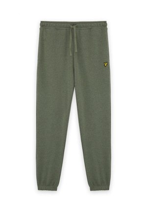 Olivgrüne Jogginghose mit elastischem Bund, Kordelzug, Bündchen an den Knöcheln und einem kleinen gelben, bestickten Logo am rechten Oberschenkel.