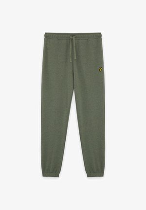 Olivgrüne Jogginghose mit elastischem Bund, Kordelzug, Bündchen an den Knöcheln und einem kleinen gelben, bestickten Logo am rechten Oberschenkel.