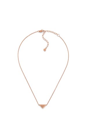 Delicado collar con cadena de oro rosa con un pequeño colgante triangular y un cierre ajustable sobre un fondo blanco.