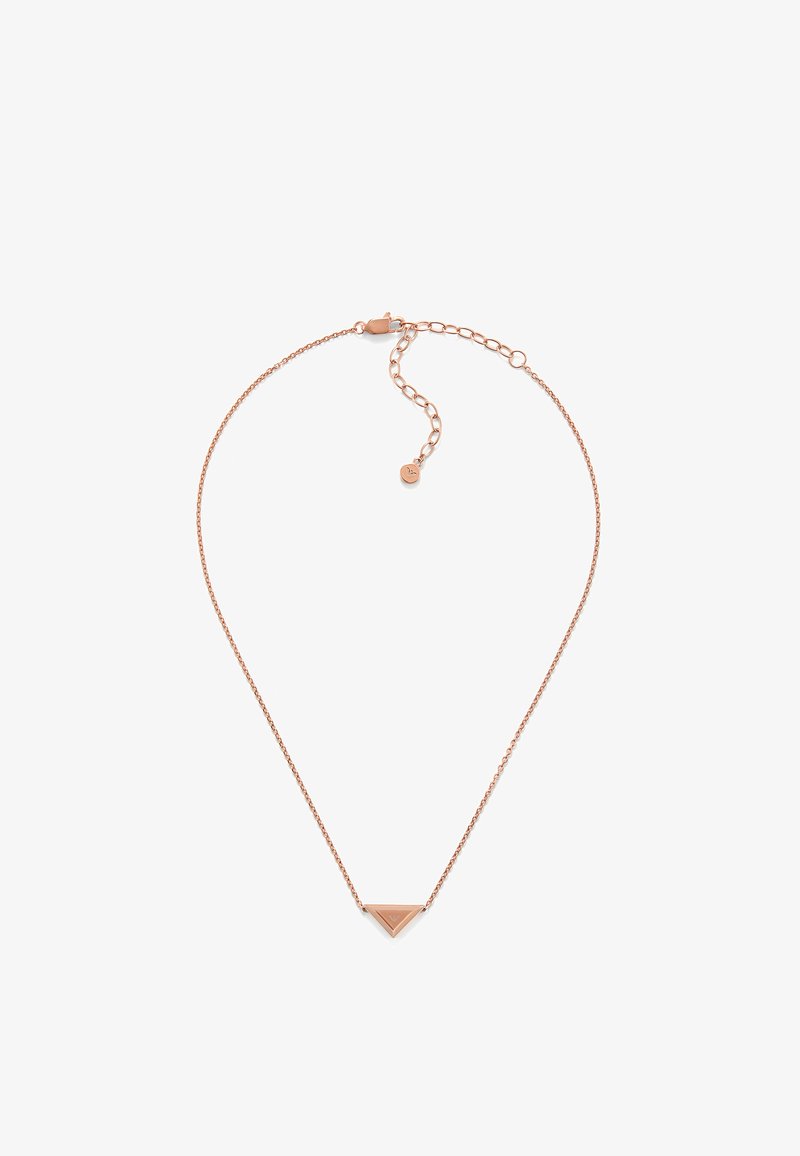 Delicado collar con cadena de oro rosa con un pequeño colgante triangular y un cierre ajustable sobre un fondo blanco.