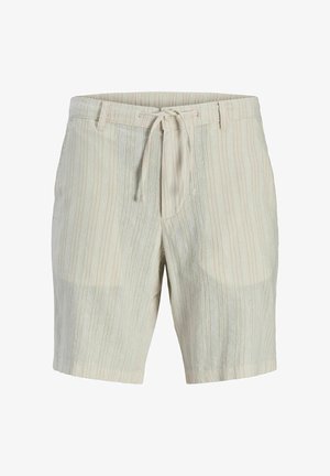 Heledad värvitud linased lühikesed püksid, millel on vertikaalsed triibud, ees paelast pingutus ja kaks küljetaskut. Sile tekstuur, reie keskel ulatuv pikkus.