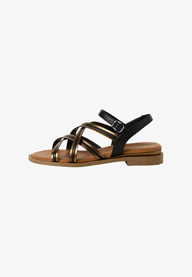 Schwarze und bronzefarbene Sandalen mit Riemen und flacher Sohle, verstellbarem Knöchelriemen sowie gepolsterter Fußbett für Komfort. Glatte, lederähnliche Materialien.