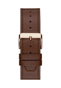 Brown leather watch strap with a textured finish, gold-tone metal buckle, and multiple adjustment holes; features stitched accents for durability.