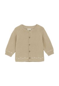 Beige gestrickte Cardigan mit langen Ärmeln, rundem Halsausschnitt, Knopfleiste und dekorativer weißer Naht entlang dem Saum und den Ärmeln.