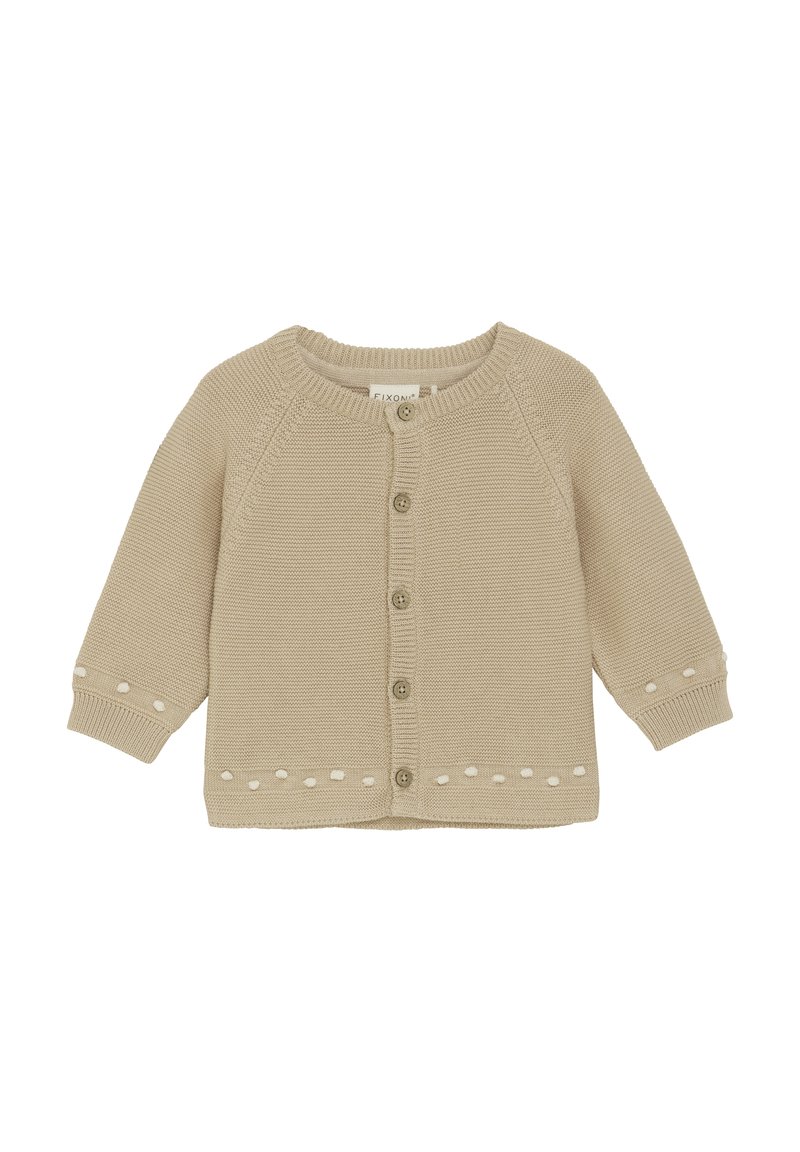 Beige gestrickte Cardigan mit langen Ärmeln, rundem Halsausschnitt, Knopfleiste und dekorativer weißer Naht entlang dem Saum und den Ärmeln.
