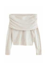 Maglione off-the-shoulder in maglia beige chiaro, con colletto ribattuto, maniche lunghe e orlo a coste con un sottile motivo testurizzato.