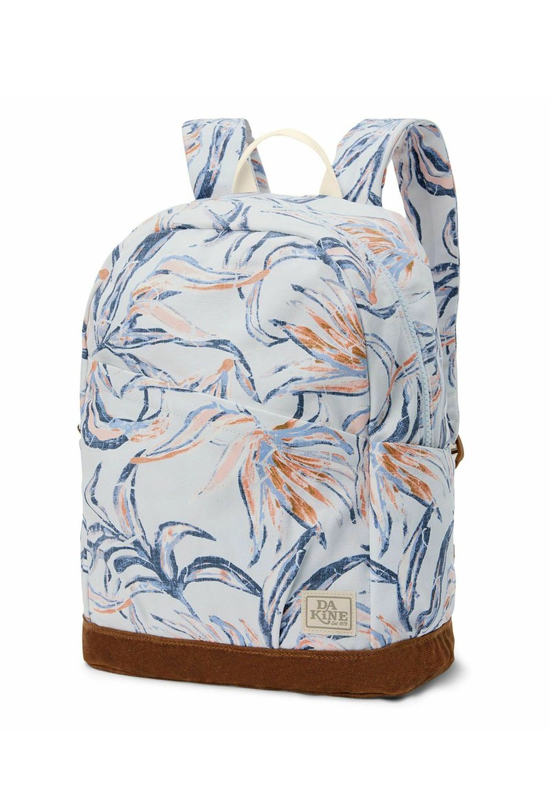 Floral-patterned backpack with light blue fabric, orange and blue accents, brown suede bottom, and padded shoulder straps.