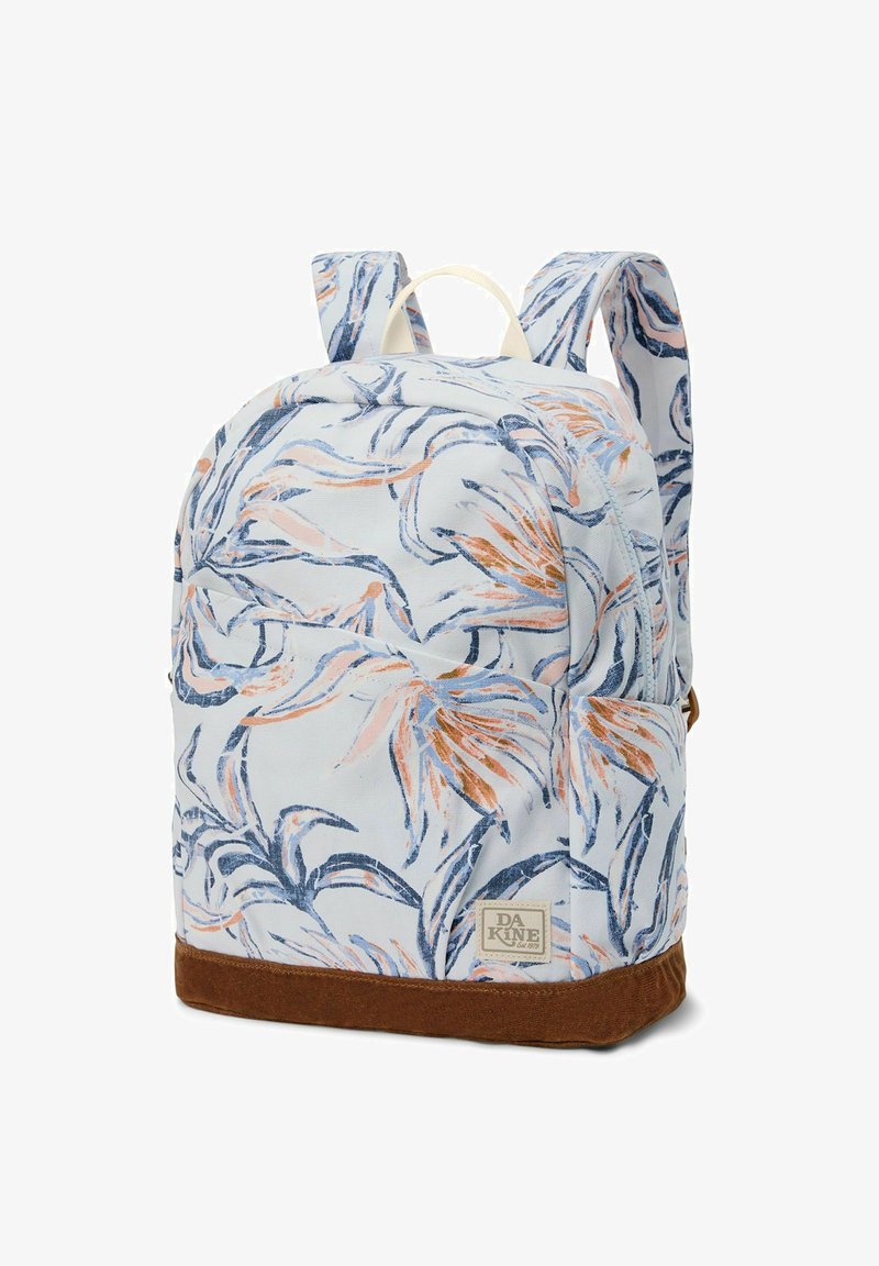 Floral-patterned backpack with light blue fabric, orange and blue accents, brown suede bottom, and padded shoulder straps.