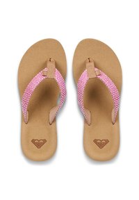 Sandales tongs à motifs rose et blanc avec une semelle intérieure texturée beige et une bride beige. Présentent un logo en forme de cœur embossé sur la semelle.