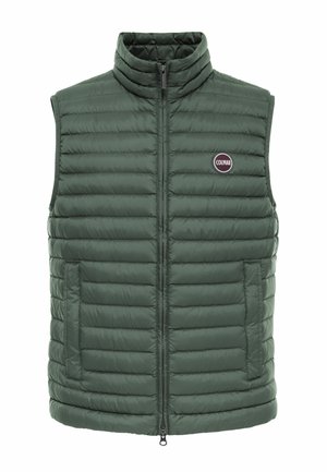 Donkergroene gewatteerde mouwloze puffer-vest met hoge kraag, ritssluiting aan de voorkant, twee zakken en een ronde "Colmar"-logo op de borst.