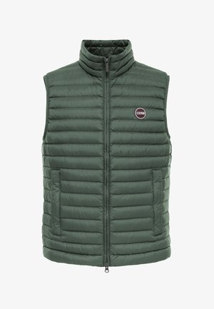 Tumedroheline tikandiga varrukateta puffer-vest kõrge kraega, ees tõmblukk, kaks taskut ja ümmargune "Colmar" logo rinnal.