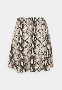 Schlangenlederprint-Rock mit elastischem Bund und fließendem Design. Die Farben umfassen Beige, Creme und Schwarz, mit einem strukturierten Muster.