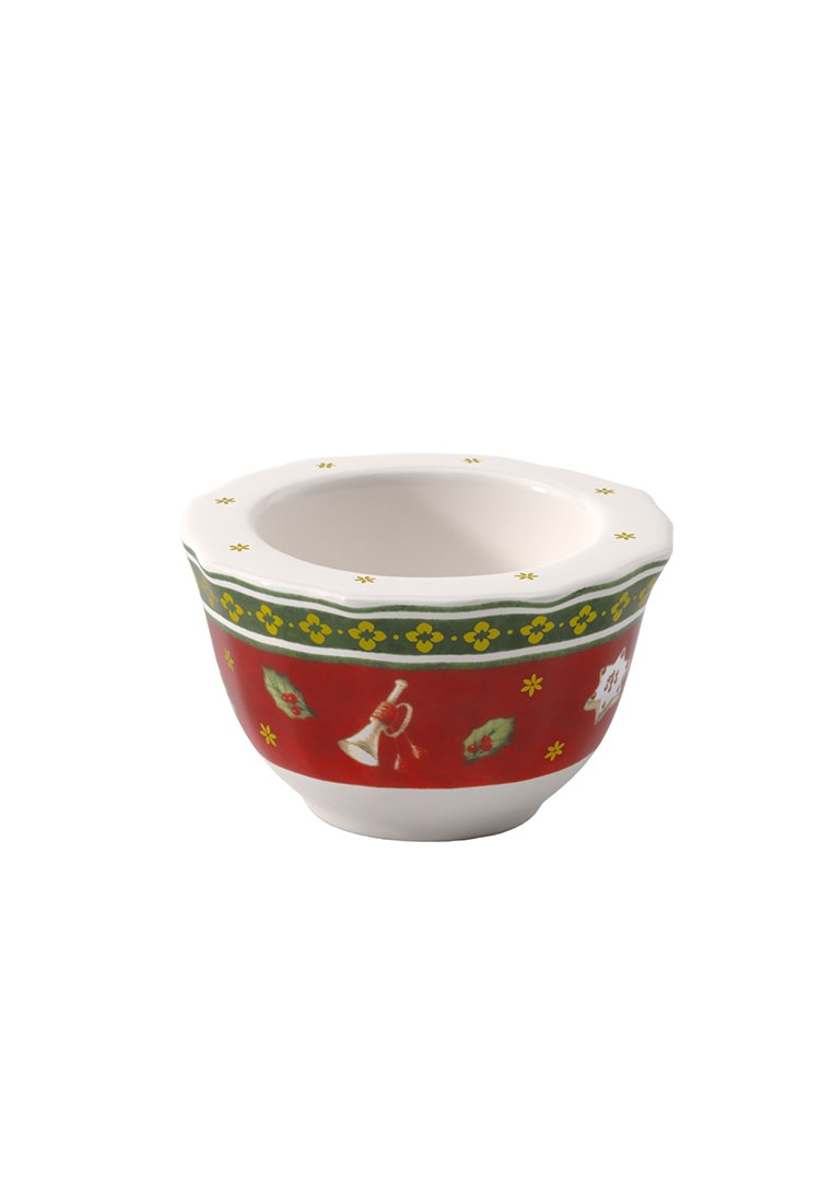 Ceramiczna miska z czerwonym zewnętrzem, białym wnętrzem, zielonym kwiatowym pasem i dekoracyjnymi świątecznymi motywami, w tym dzwonami i ostrokrzewem.
