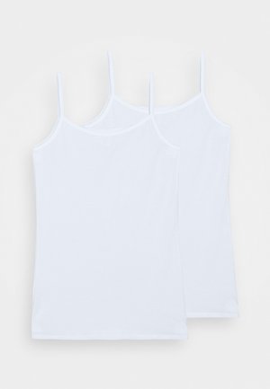 Zwei weiße Baumwoll-Tanktops mit dünnen Trägern, featuring einem runden Ausschnitt und einer glatten Textur. Keine Muster oder zusätzlichen Details sichtbar.