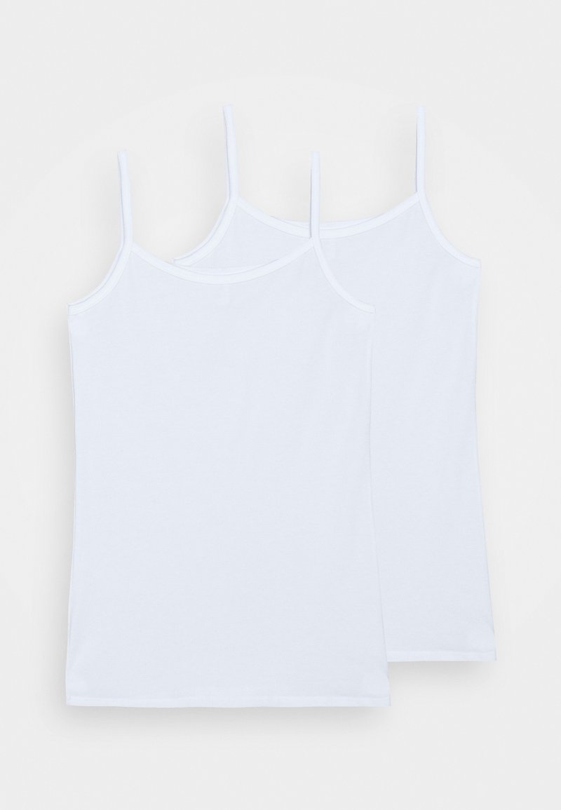 Deux débardeurs en coton blanc avec des bretelles fines, présentant un col rond et une texture lisse. Aucun motif ni détail supplémentaire visible.