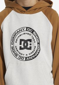 Sudadera con capucha de color gris en el frontal y mangas marrones. Presenta un logo circular negro con "DC Shoe Company" y "Destroy & Create."