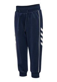 Pantalons de jogging bleu marine en tissu doux, dotés de rayures blanches sur les côtés et de poignets côtelés. Comprend une taille ajustable avec cordon.