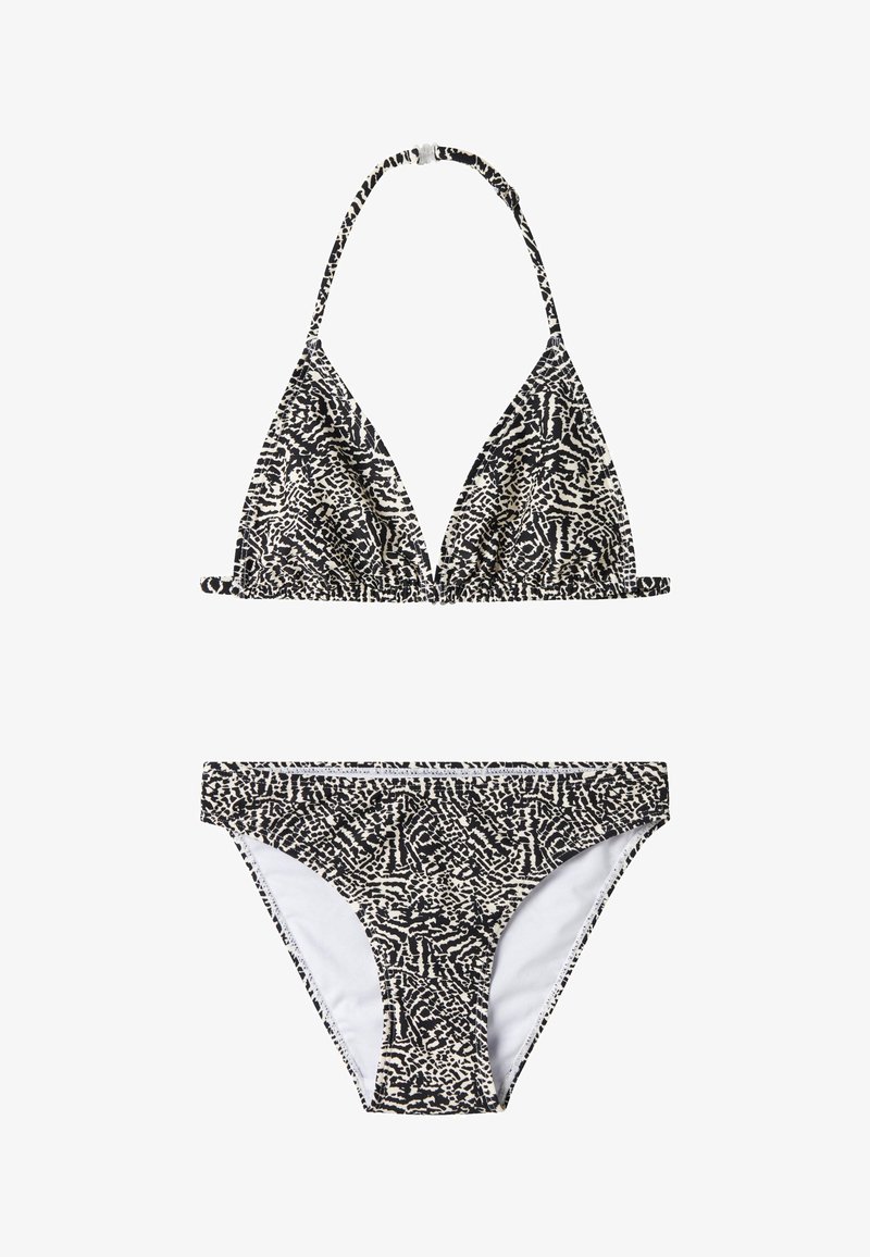 Mustvalge mustriga bikiinid, kus on kolmnurkne topp ja kaela sidumise rihmad ning sobivad madala vöökohaga aluspüksid sarnase mustriga.