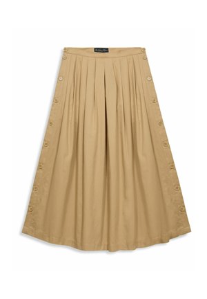 Beiger plissierter Midirock mit Knopfdetails an beiden Seiten und einem Etikett am Bund, flach auf weißem Hintergrund liegend.