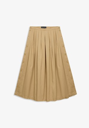 Beige geplooide midi-rok met knoopdetails langs beide zijden en een label op de tailleband, plat gelegd tegen een witte achtergrond.