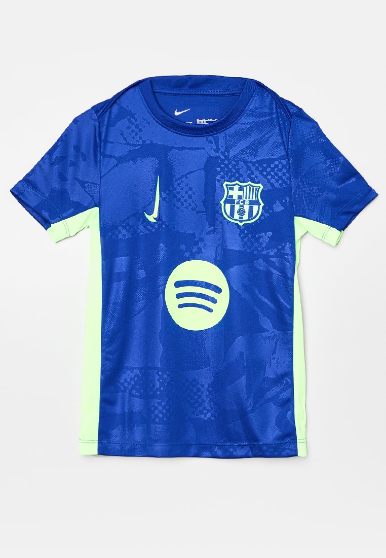 Niebieska koszulka piłkarska Nike z zielonymi akcentami, z logo Barcelony i grafiką Spotify. Lekki materiał z teksturowanym wzorem.