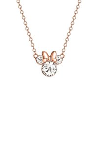 Collana in oro rosa con un grande cristallo trasparente centrale arricchito da un dettaglio a fiocco, affiancato da due cristalli trasparenti più piccoli. Il design della catena è delicato.