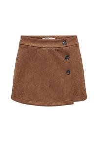 Mini-jupe en daim marron avec un design cache-cœur et trois boutons noirs le long du côté droit.
