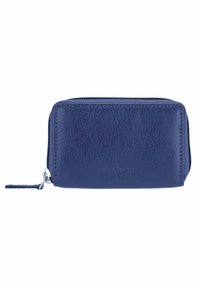 Portafoglio in pelle blu navy con finitura testurizzata, chiusura con zip e un piccolo tirante. Presenta un logo impresso sul fronte.