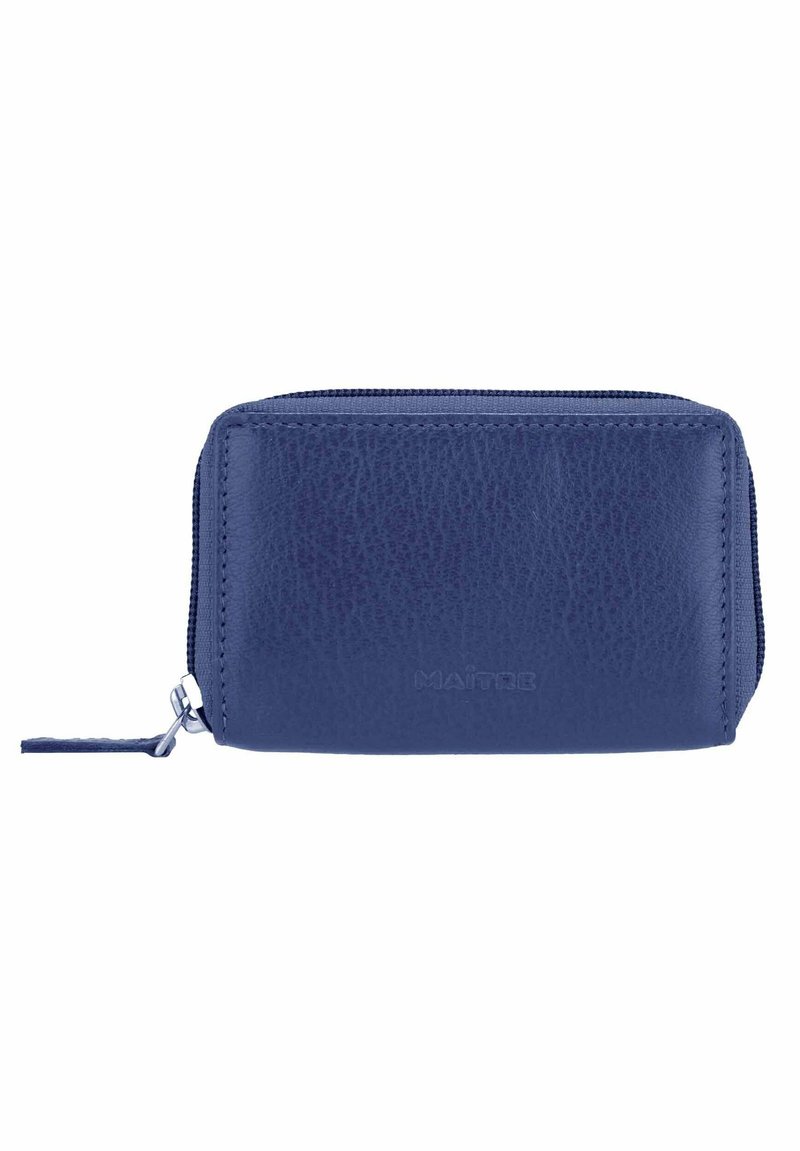 Portafoglio in pelle blu navy con finitura testurizzata, chiusura con zip e un piccolo tirante. Presenta un logo impresso sul fronte.