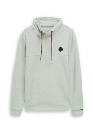 Pullover grigio chiaro a maniche lunghe con collo a scialle, coulisse marroni e piccolo logo circolare nero sul petto sinistro.