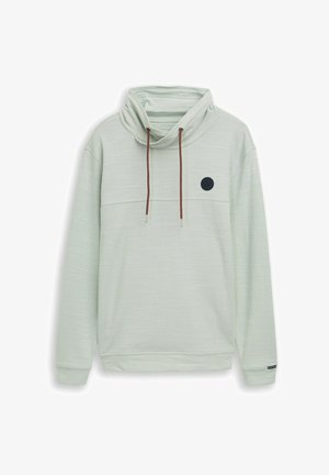 Pullover grigio chiaro a maniche lunghe con collo a scialle, coulisse marroni e piccolo logo circolare nero sul petto sinistro.