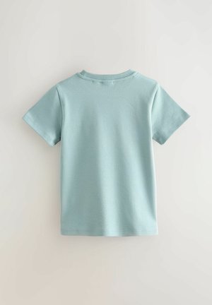 Gaiši zila īsām piedurknēm T-kreklā, kas izgatavots no mīkstas auduma, ar apaļu kakla izgriezumu un glītām šuvēm gar malām. Attēls no aizmugures.