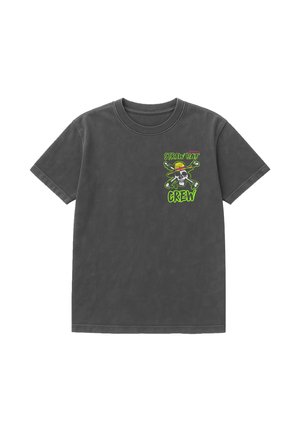 Dunkelgraues T-Shirt mit neongrünem Schriftzug "Straw Hat Crew" und einer Grafik eines Totenschädels, der einen gelben Strohhut trägt, mit gekreuzten Knochen auf der Brust.