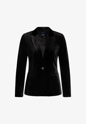 Czarna aksamitna marynarka z zapinaniem na jeden guzik, z wyciętymi klapami i dwiema przednimi kieszeniami, z gładką podszewką.